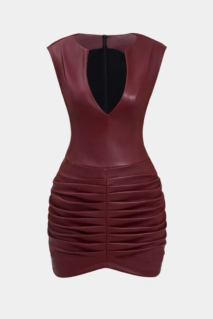 Ruched Faux Leather V-Neck Bodycon Mini Dress – Wrena