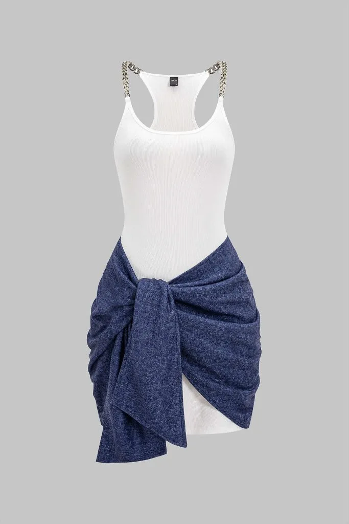 Tie Front Ruched Metallic Chain Patchwork Sleeveless Mini Dress