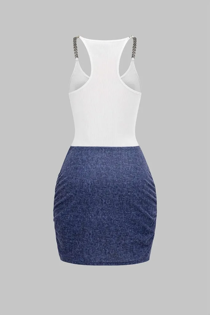 Tie Front Ruched Metallic Chain Patchwork Sleeveless Mini Dress – Wrena