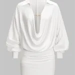 Ruched Draped Cowl V-Neck Long Sleeve Mini Dress – Wrena