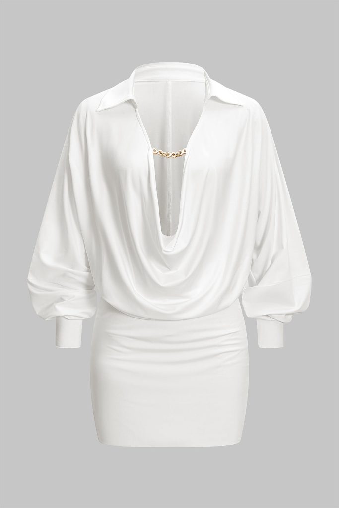 Ruched Draped Cowl V-Neck Long Sleeve Mini Dress