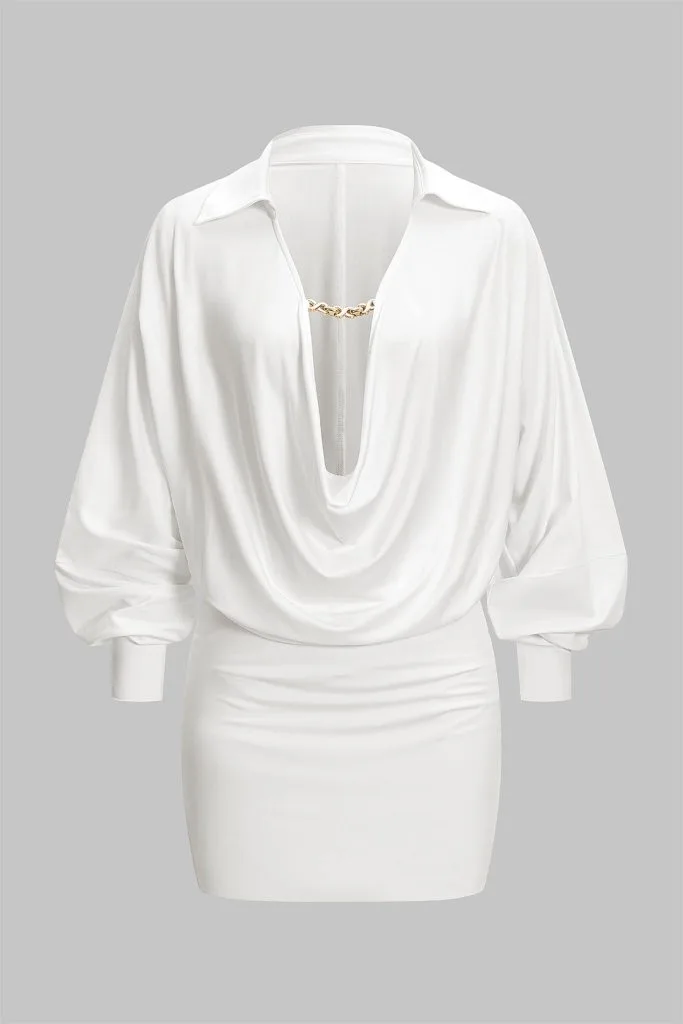 Ruched Draped Cowl V-Neck Long Sleeve Mini Dress – Wrena