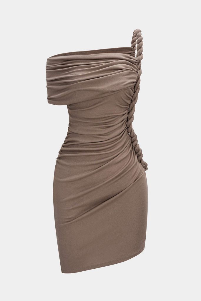 Ruched Twist Knot One Shoulder Short Sleeve Mini Dress