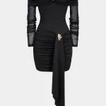 Off Shoulder Sheer Metallic Decor Ruched Long Sleeve Mini Dress – Wrena