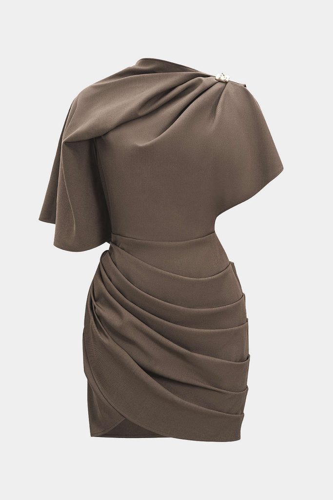Metallic Ruched Zipper Asymmetrical Short Sleeve Mini Dress