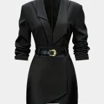 Asymmetrical Notched Lapel Belted Long Sleeve Mini Dress – Wrena