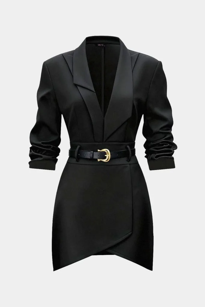 Asymmetrical Notched Lapel Belted Long Sleeve Mini Dress – Wrena
