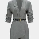 Asymmetrical Notched Lapel Belted Long Sleeve Mini Dress – Wrena