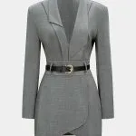 Asymmetrical Notched Lapel Belted Long Sleeve Mini Dress – Wrena