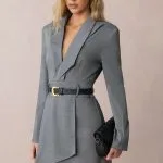 Asymmetrical Notched Lapel Belted Long Sleeve Mini Dress – Wrena