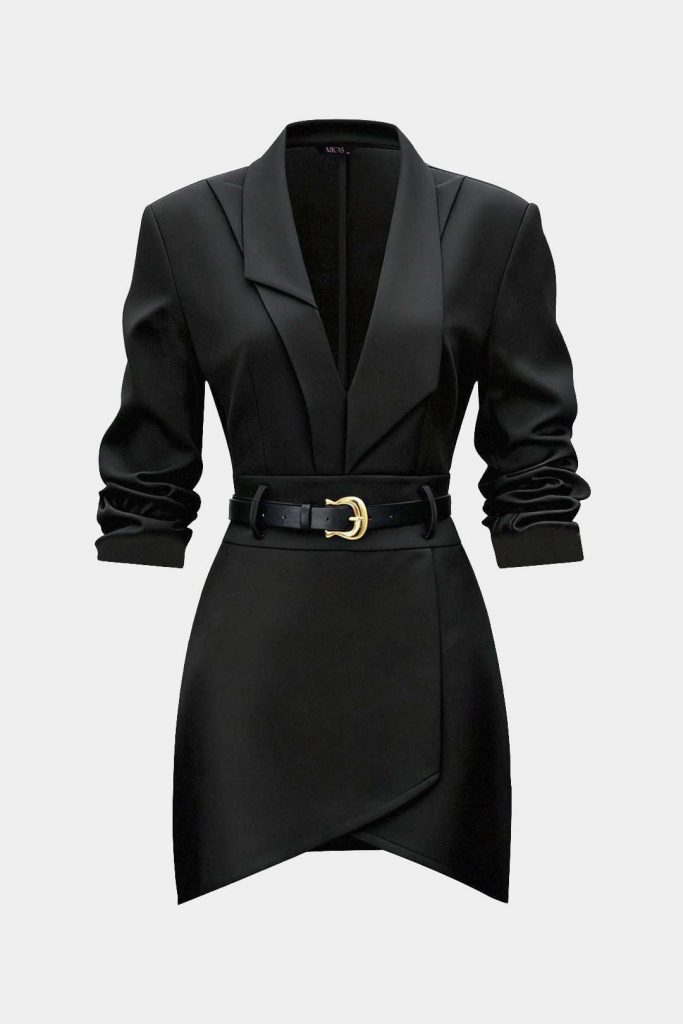 Asymmetrical Notched Lapel Belted Long Sleeve Mini Dress
