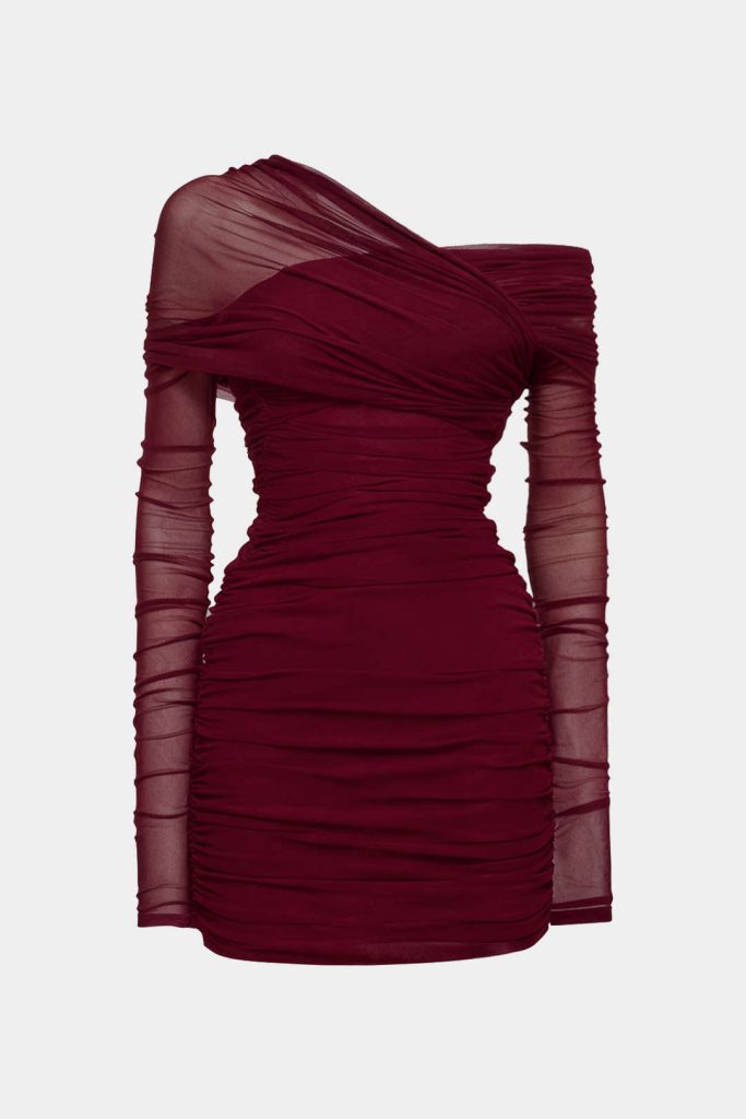 Sheer Mesh One Shoulder Long Sleeve Ruched Mini Dress