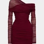 Sheer Mesh One Shoulder Long Sleeve Ruched Mini Dress – Wrena