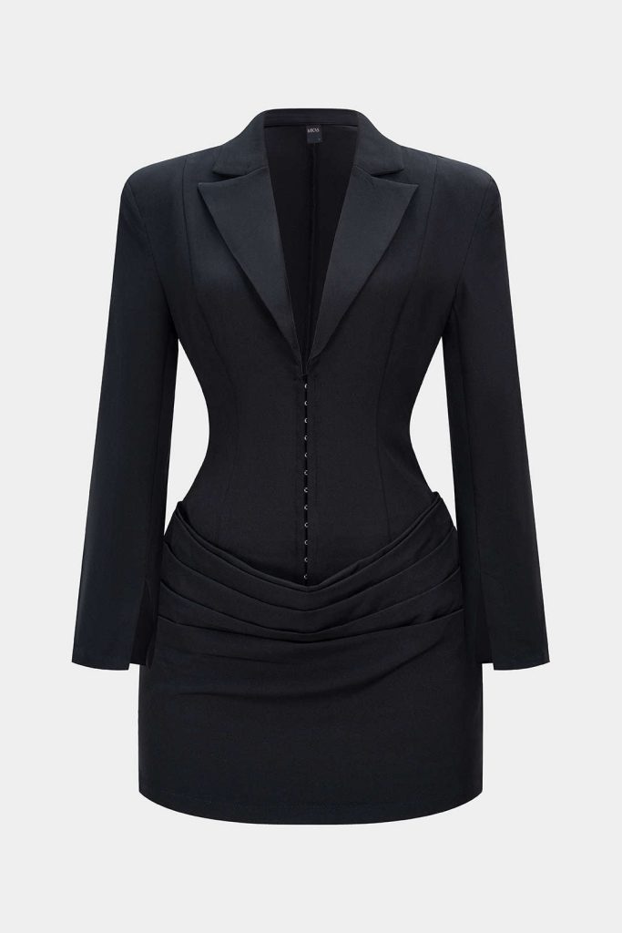 Deep V-Neck Waist-Cinching Ruched Long Sleeve Mini Dress