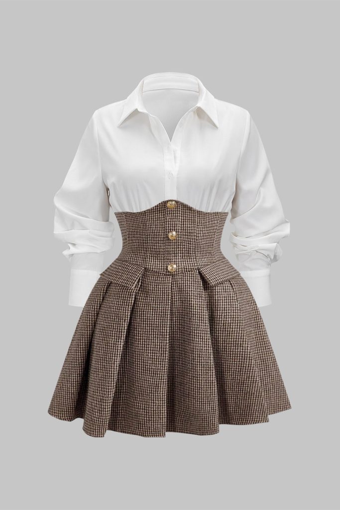 Houndstooth Print Patchwork Pleated High Waist Long-Sleeve Mini Dress