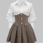 Houndstooth Print Patchwork Pleated High Waist Long-Sleeve Mini Dress – Wrena