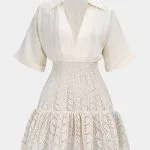 Jacquard Patchwork Linen Ruched V-Neck Short Sleeve Mini Dress – Wrena