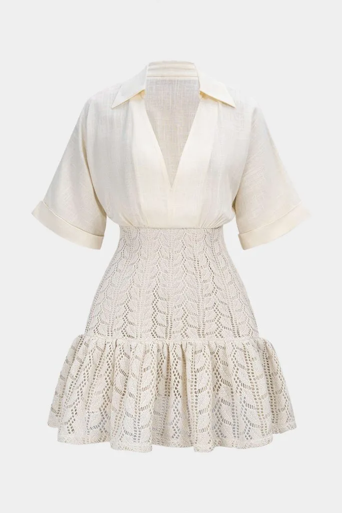 Jacquard Patchwork Linen Ruched V-Neck Short Sleeve Mini Dress – Wrena
