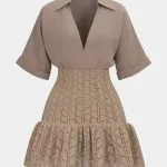 Jacquard Patchwork Linen Ruched V-Neck Short Sleeve Mini Dress – Wrena