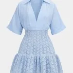 Jacquard Patchwork Linen Ruched V-Neck Short Sleeve Mini Dress – Wrena