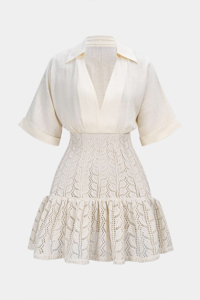 Jacquard Patchwork Linen Ruched V-Neck Short Sleeve Mini Dress