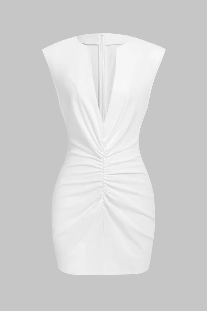 V-Neck Linen Ruched Zipper Sleeveless Mini Dress