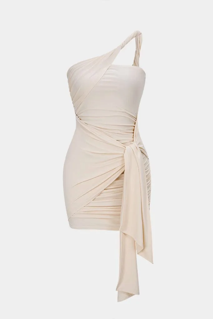 One Shoulder Twist Knot Asymmetrical Tie-Up Ruched Sleeveless Mini Dress – Wrena