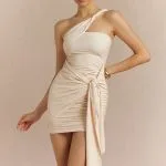 One Shoulder Twist Knot Asymmetrical Tie-Up Ruched Sleeveless Mini Dress – Wrena