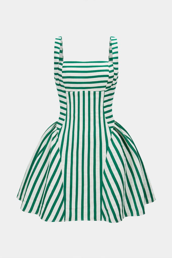 Stripes Print Square Neck Ruched Sleeveless Mini Dress