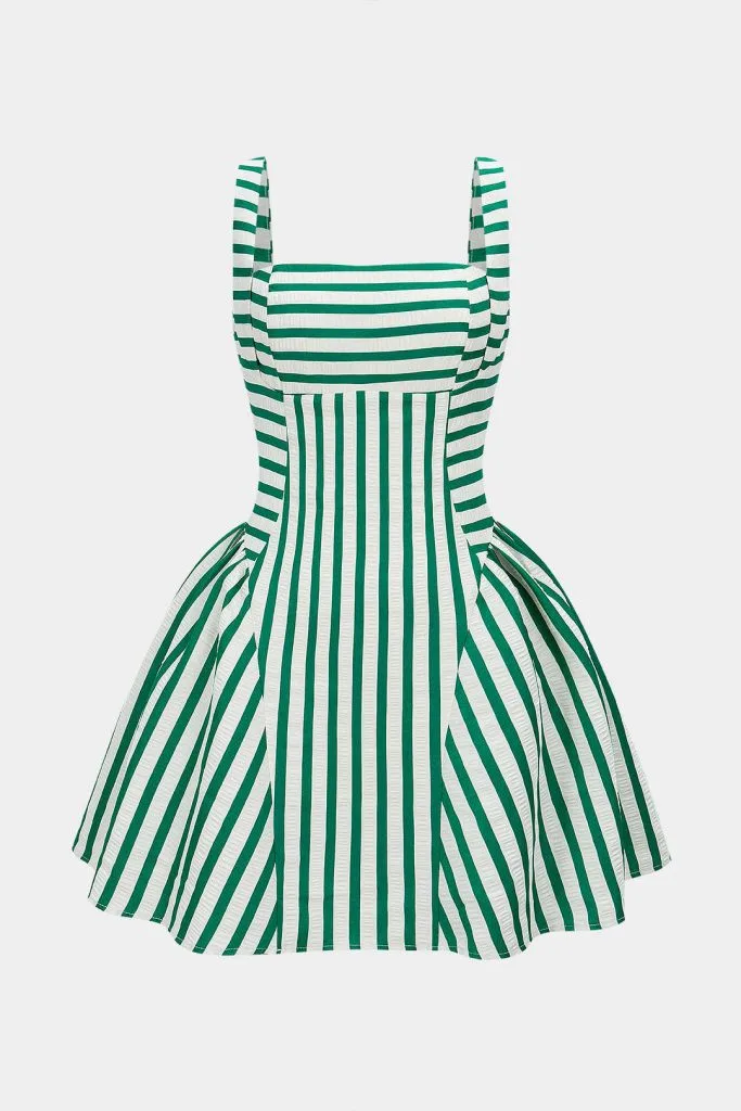 Stripes Print Square Neck Ruched Sleeveless Mini Dress – Wrena