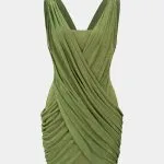 Crossed V-Neck Ruched Metallic Decor Sleeveless Mini Dress – Wrena