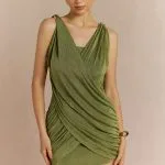 Crossed V-Neck Ruched Metallic Decor Sleeveless Mini Dress – Wrena