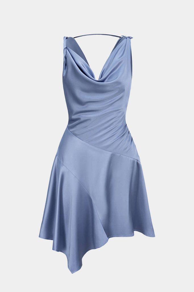 Satin Draped Cowl Neck Asymmetrical Ruched Sleeveless Mini Dress