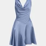 Satin Draped Cowl Neck Asymmetrical Ruched Sleeveless Mini Dress – Wrena