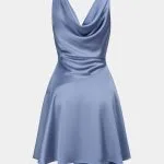Satin Draped Cowl Neck Asymmetrical Ruched Sleeveless Mini Dress – Wrena