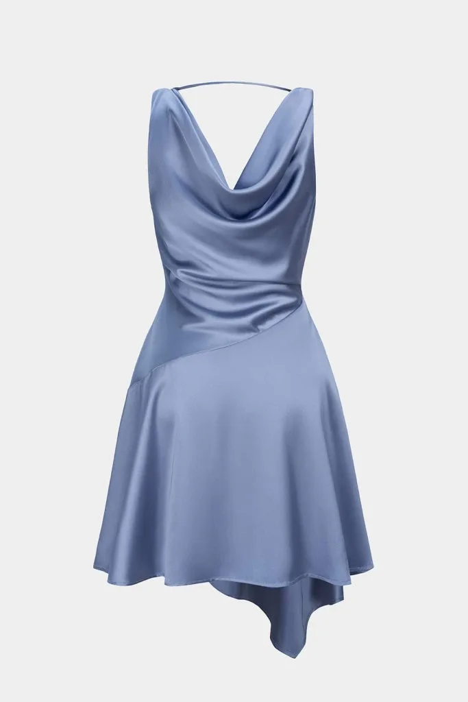 Satin Draped Cowl Neck Asymmetrical Ruched Sleeveless Mini Dress – Wrena