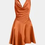 Satin Draped Cowl Neck Asymmetrical Ruched Sleeveless Mini Dress – Wrena