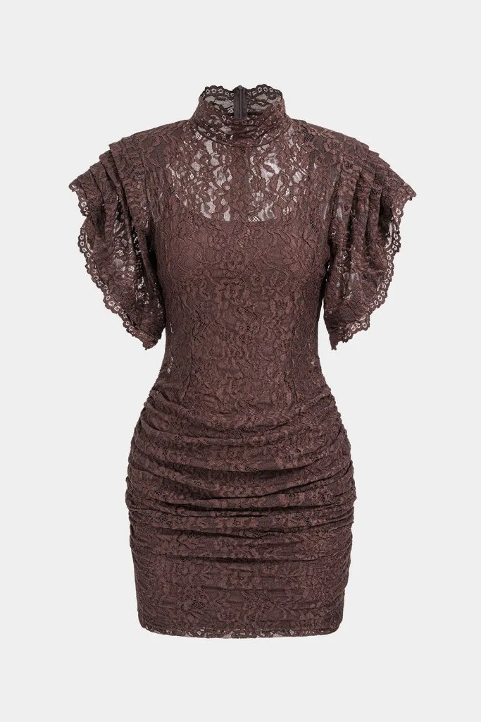 Sheer Lace Mock Neck Ruched Short Sleeve Mini Dress – Wrena