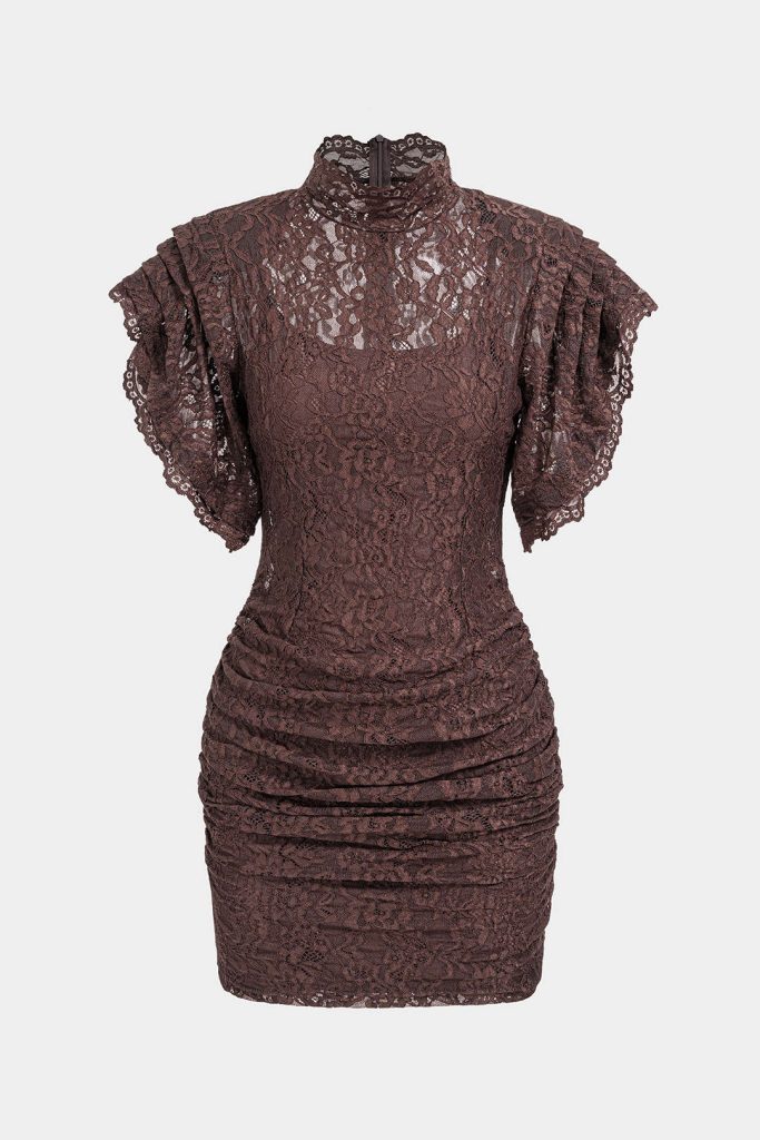 Sheer Lace Mock Neck Ruched Short Sleeve Mini Dress