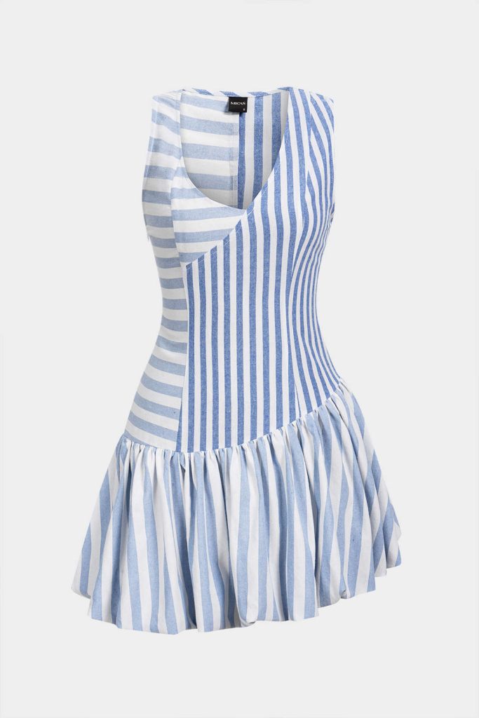 Stripes Print Asymmetrical Ruched Sleeveless Mini Dress