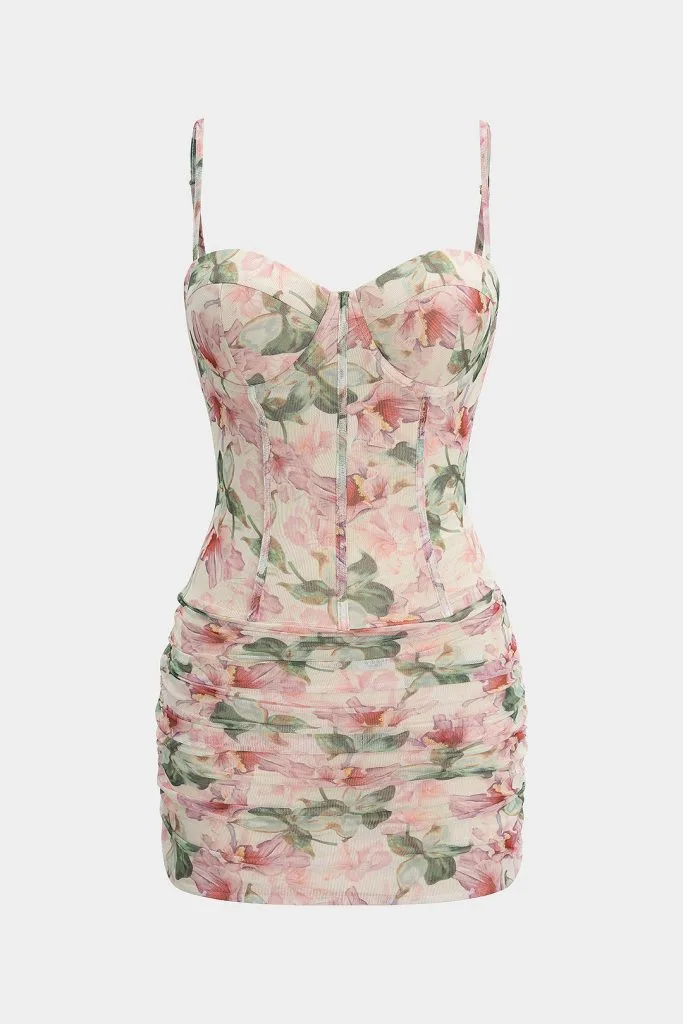 Floral Print Mesh Corset Ruched Sleeveless Mini Dress – Wrena