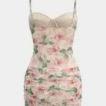 Floral Print Mesh Corset Ruched Sleeveless Mini Dress – Wrena