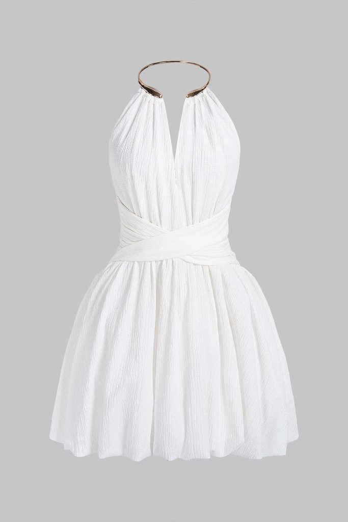 Metallic V-Neck Crossed Backless Sleeveless Mini Dress