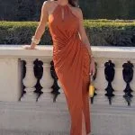 Metallic Halter Neck V-Neck Ruched Sleeveless Maxi Dress – Wrena