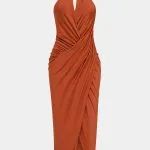 Metallic Halter Neck V-Neck Ruched Sleeveless Maxi Dress – Wrena