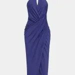 Metallic Halter Neck V-Neck Ruched Sleeveless Maxi Dress – Wrena