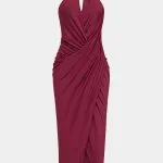 Metallic Halter Neck V-Neck Ruched Sleeveless Maxi Dress – Wrena