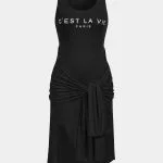 Letter Print Tie Front Round Neck Asymmetrical Slit Sleeveless Midi Dress – Wrena