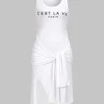 Letter Print Tie Front Round Neck Asymmetrical Slit Sleeveless Midi Dress – Wrena