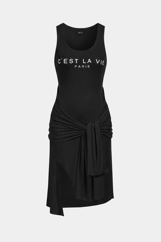 Letter Print Tie Front Round Neck Asymmetrical Slit Sleeveless Midi Dress